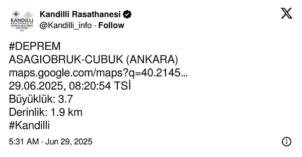 Kandilli Rasathanesi’nin paylaşımı 👇