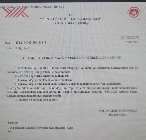 Yıldız Tar’ın Twitter hesabında paylaştığı YÖK talep yazısı 👇