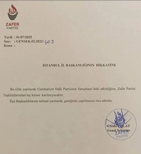 İstanbul’daki tüm Zafer Partisi teşkilat ve parti üyeleri ‘mitinge katılmamaları’ konusunda Genel Merkez tarafından uyarıldı.