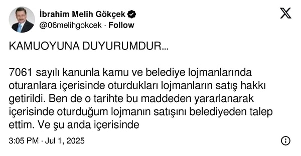 Melih Gökçek’in kaybettiği dava ile ilgili açıklaması 👇