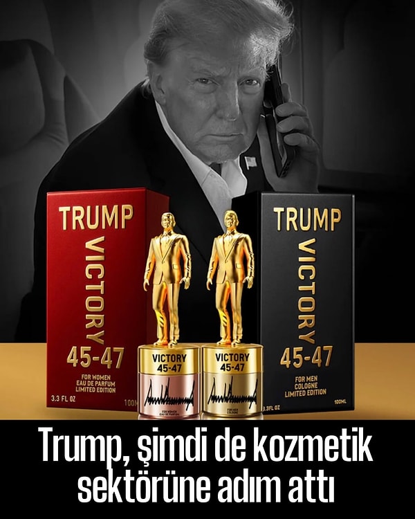 “Trump Victory 45-47” adlı parfüm serisinin kadınlar ve erkekler için iki ayrı versiyonu mevcut.