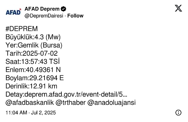 AFAD, depremin büyüklüğünü 4.3 olarak açıkladı.