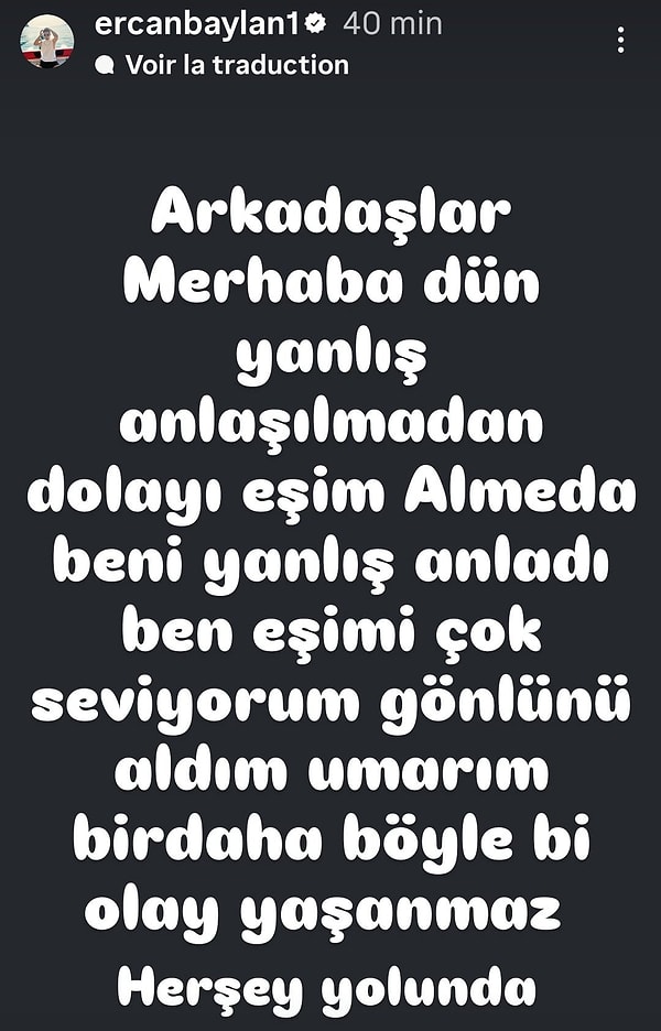 Ercan Baylan, Almeda'nın kendisini yanlış anladığını ve karısının gönlünü aldığını açıkladı!