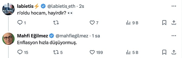 Bir takipçisi Eğilmez'in bu tweetinin sebebini sorarken, Eğilmez "Enflasyon hızla düşüyormuş" yanıtını verdi.