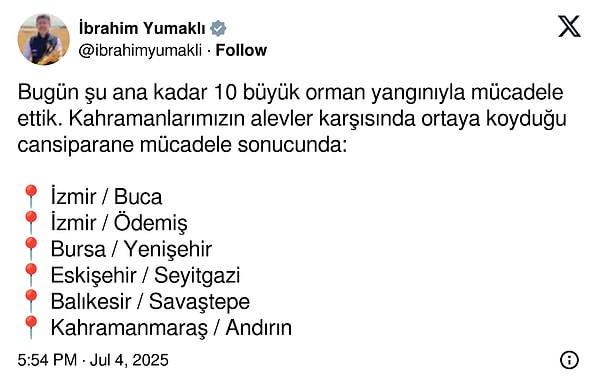 Tarım ve Orman Bakanı İbrahim Yumaklı, İzmir'deki yangınların kontrol altına alındığını bu paylaşımıyla duyurdu👇🏻