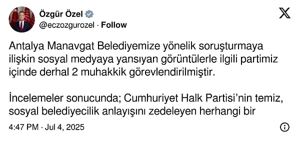 CHP Lideri Özgür Özel, söz konusu görüntülere dair paylaşım yaptı. Özel, "Görüntülerle ilgili partimiz içinde derhal 2 muhakkik görevlendirilmiştir."