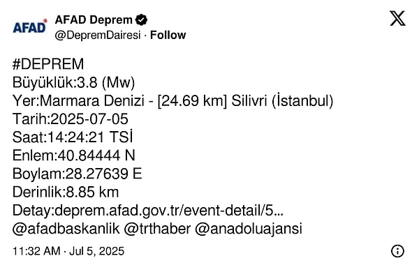 AFAD depremin büyüklüğünü 3.8 olarak açıkladı.