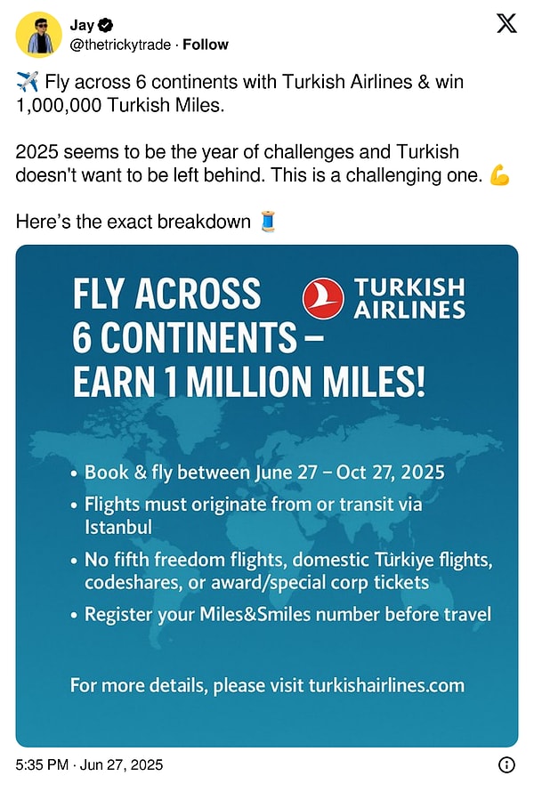 "Türk Hava Yolları ile 6 kıtada uçun ve 1.000.000 Türk Mili kazanın. 2025 meydan okumaların yılı gibi görünüyor ve Türkler geride kalmak istemiyor."