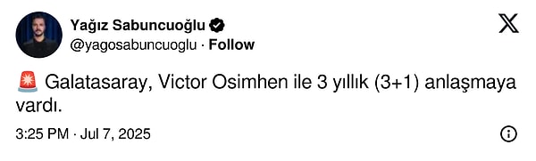 Gazeteci Yağız Sabuncuoğlu da Osimhen ile Galatasaray’ın 3 yıllık (3+1) anlaşmaya vardığını yazdı.