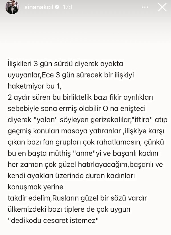 Çok değil yalnızca bir gün sonra ayrılık açıklaması Sinan Akçıl'dan geldi.