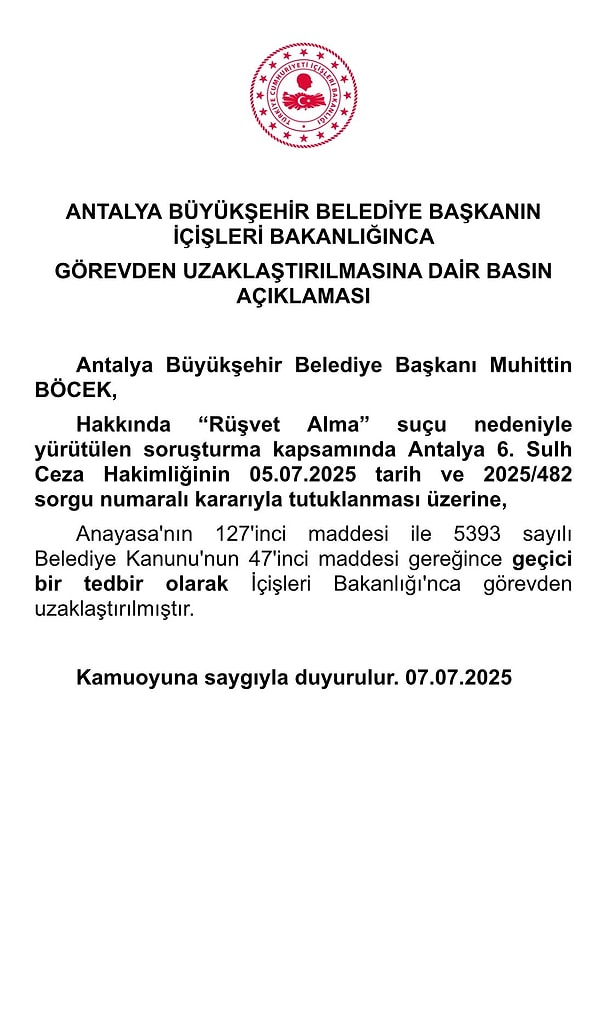 İçişleri Bakanlığı, Muhittin Böcek’in görevden uzaklaştırıldığını açıkladı. 👇