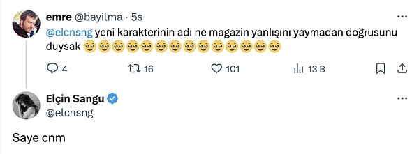 Elçin Sangu'nun karakterini açıkladığı o tweet'ini buradan görebilirsiniz: