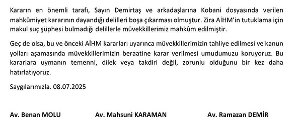 Selahattin Demirtaş'ın avukatları kararın ardından müvekilleri hakkında tahliye talebinde bulundu.