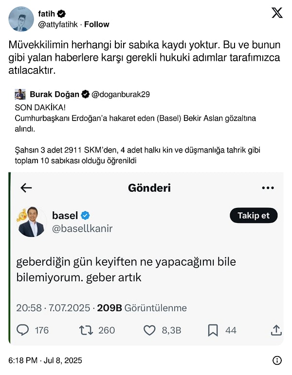 Bekir Aslan'ın avukatı gözaltını doğrularken müvekkilinin sabıkası olmadığını belirtti.
