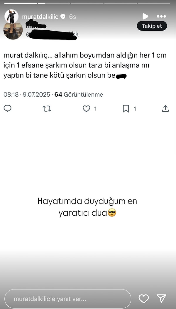 Murat Dalkılıç'ın şarkılarını öven bir X kullanıcısı, öveyim derken Dalkılıç'ın boyundan vurup ortaya garip bir paylaşım çıkarmış.
