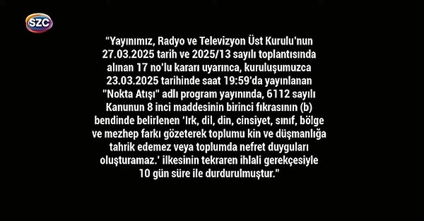 Tele 1 ekranlarında Sözcü TV'ye destek amacıyla birkaç saniyeliğine ekran karartıldı.
