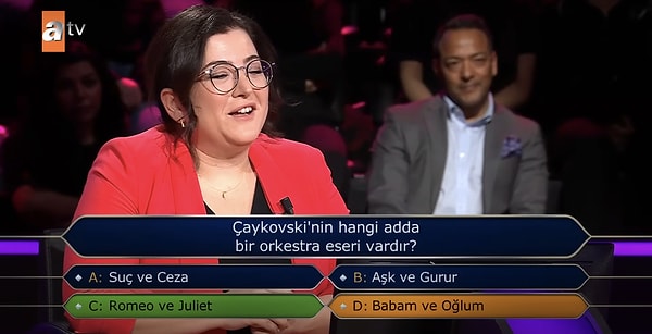 “Çaykovski'nin hangi adda bir orkestra eseri vardır?” sorusuyla karşı karşıya kalan yarışmacı, çareyi seyirci joker hakkını kullanmakta buldu.