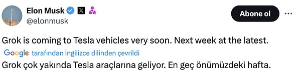 Elon Musk, Grok'un Tesla araçlara geleceğini X hesabından paylaştı.