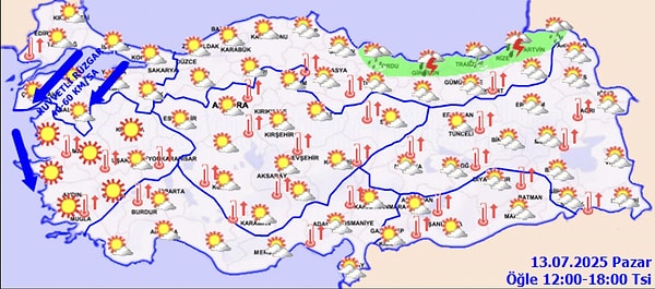 13 Temmuz Pazar günü beklenen en yüksek sıcaklıklar da belli oldu.