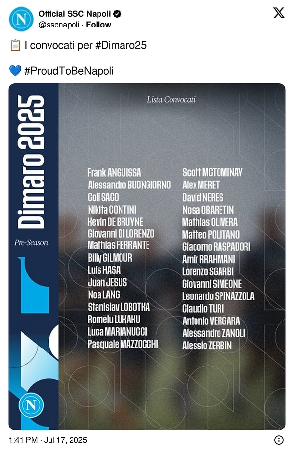 Napoli’nin duyurduğu kadro  👇