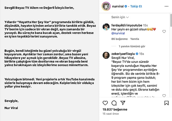 İşte Nur Viral'in Beyaz TV'den ayrılığını duyurduğu o paylaşım: