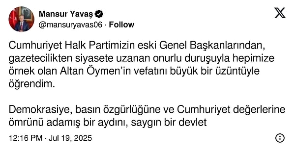 Ankara Büyükşehir Belediye Başkanı Mansur Yavaş: