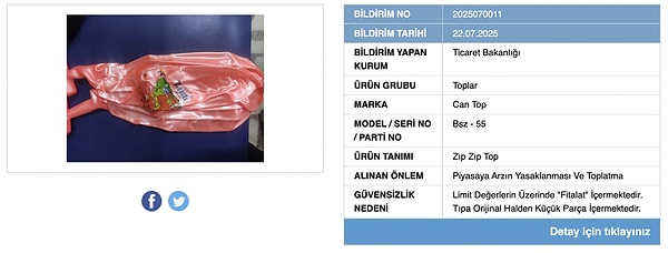 Limit değerinin üzerinde kanserojen madde tespit edildi. Satışı yasaklandı ve toplatma kararı verildi.