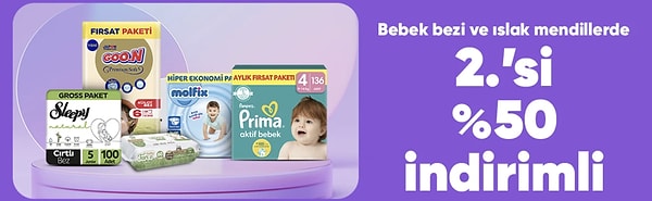 Bebek bezi ve ıslak mendillerde 2.si %50 indirimli