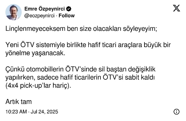 Otomotiv yazarı Emre Özpeynirci, X hesabından ÖTV oranlarıyla ilgili dikkat çeken paylaşım yaptı.