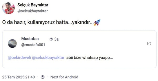 Selçuk Bayraktar'dan yerli WhatsApp müjdesi.
