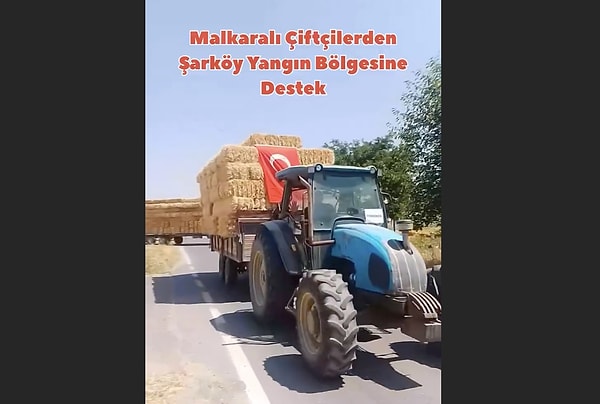 Malkaralı çiftçiler, Şarköy'de çıkan yangında zarar gören çiftçilere 150 ton saman balyası götürdü.