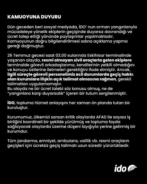 Yardım ekiplerinden para istediği iddia edilen İstanbul Deniz Otobüsleri (İDO) söz konusu iddialar üzerine açıklama yaptı.