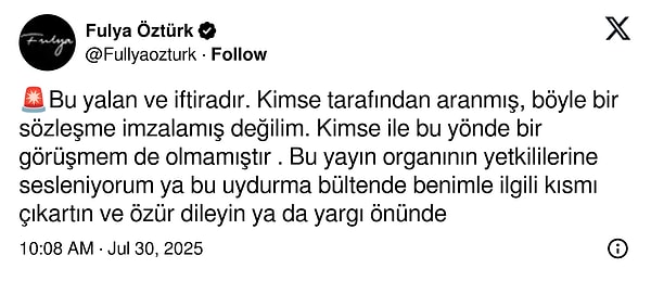 Gazeteci Fulya Öztürk de yayınlanan habere tepki gösterdi.