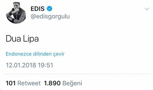 Edis'in 2018 senesinde attığı "Dua Lipa" tweeti ise yeniden gündeme geldi. Ünlü isim 7 sene sonra şarkıcı ile bir araya geldi!