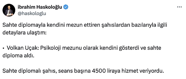 Gazeteci İbrahim Haskoloğlu'nun aktardığına göre Uçak kliniğinde seans başı 4500 TL talep ediyordu.