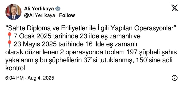 İçişleri Bakanı Ali Yerlikaya’nın paylaşımı 👇