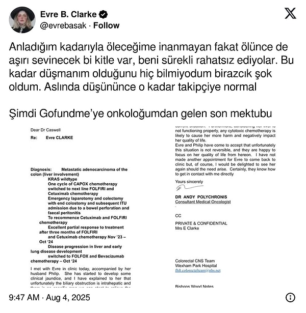 Geçtiğimiz gün, onkoloji doktorundan gelen bilgilendirmeyi de bu şekilde paylaşmıştı.