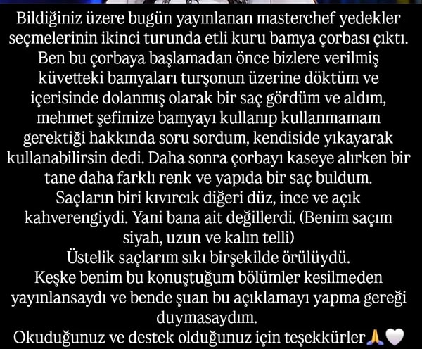 İşte MasterChef'ten elenen Gamze Sönmez'in o açıklaması: