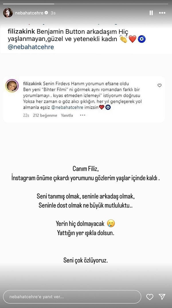 Geçtiğimiz saatlerde sosyal medya hesabından yeni bir hikaye paylaşan Nebahat Çehre, Instagram eski dostunun mesajını karşısına çıkarınca paramparça oldu.