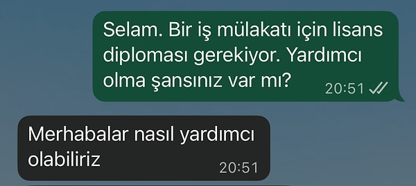 WhatsApp'te mülakat için diploma istediğimi yazdım.