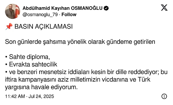 Abdülhamid Kayıhan Osmanoğlu paylaşımı 👇