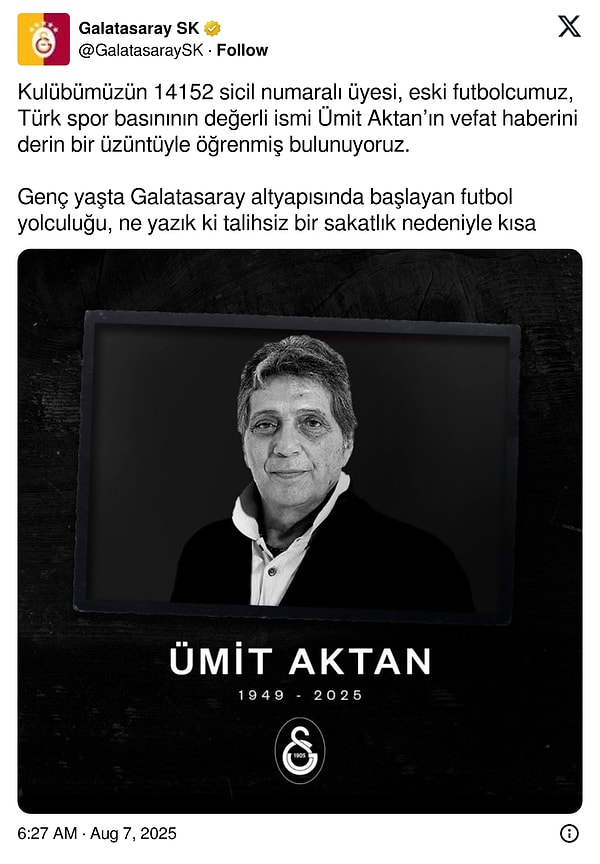 Galatasaray'dan taziye mesajı paylaşıldı;