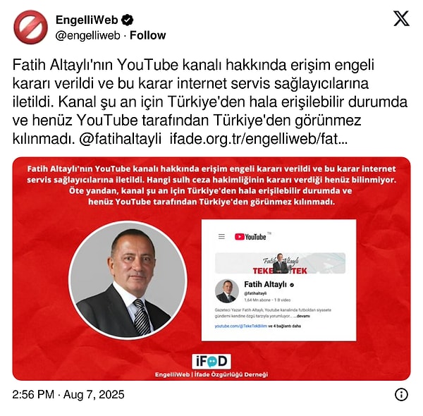 Fatih Altaylı'nın YouTube kanalı için erişim engeli kararı verildi.