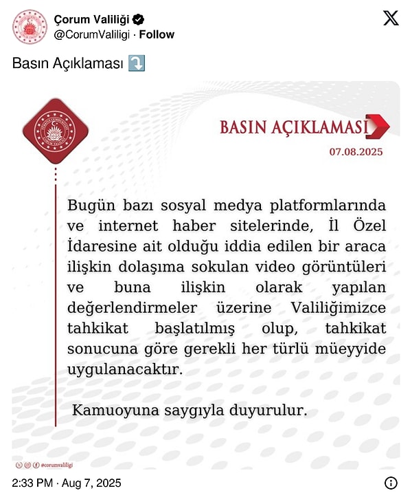 Çorum Valiliği yayınlanan görüntüler sonrasında açıklamada bulundu.