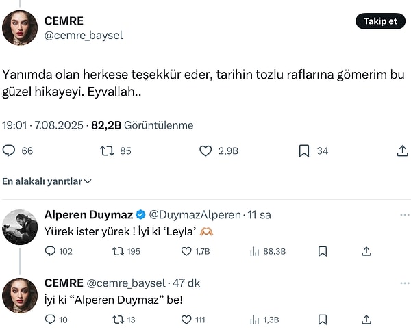 Partneri Alperen Duymaz da yanıt vermeyi es geçmedi.