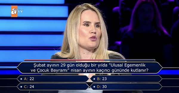 Ekranların popüler yarışma programlarından Kim Milyoner Olmak İster'in son bölümüne "23 Nisan" sorusu damga vurdu.