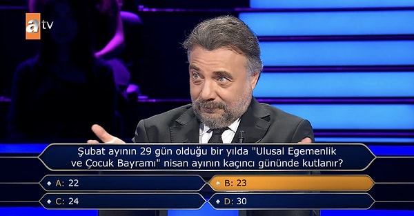 Seyirciden %93 oranında "23 Nisan" yanıtı alan yarışmacı, seyirciye güvendiğini belirterek doğru yanıtı verdi.