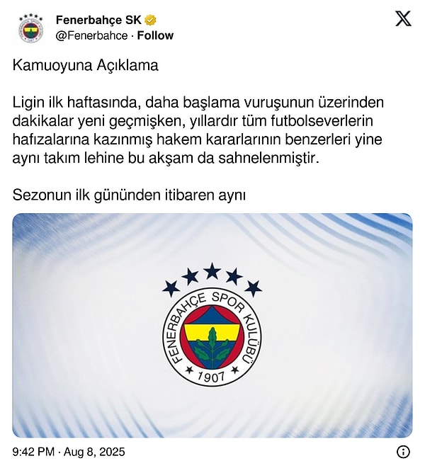 Fenerbahçe’den hakeme sert eleştiri.