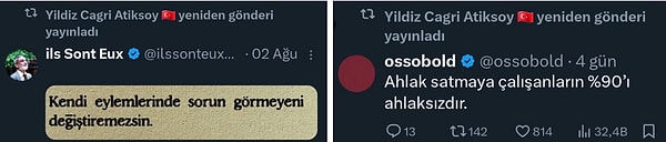 "Kendi eylemlerinde sorun görmeyeni değiştiremezsin" "Ahlak satmaya çalışanların %90'ı ahlaksızdır" gibi alıntılar yaptığı X kullanıcıları tarafından iddia edilen Yıldız Çağrı Atiksoy'un sosyal medyadaki hamleleri kısa sürede olay oldu.