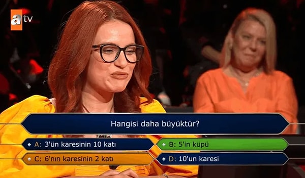 10 bin TL değerindeki dördüncü soruda karşısına çıkan "Hangisi daha büyüktür?" sorusunda Yıldırım, seyirci joker hakkını kullandı.